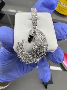 925 Sterling Silver with Rhodium Finish Moissanite 3.00 CTW VVS Parrot Pendant